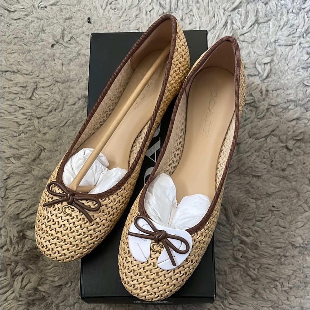 Coach Cream and Brown Flats with Woven Texture